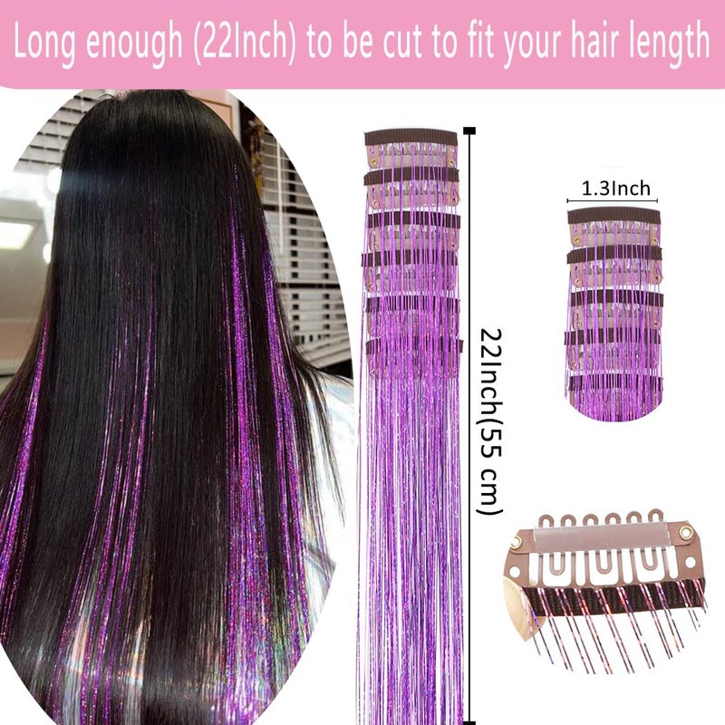 EROADE Hair Tinsel Clip in12 Pcs Purple Hair Tinsel Kit for Girls 22 Inch Glitter Fairy Tinsel Hair Extensions Colorful Heat Resistant Party Festival Accessories for Women (purple) - Image 3